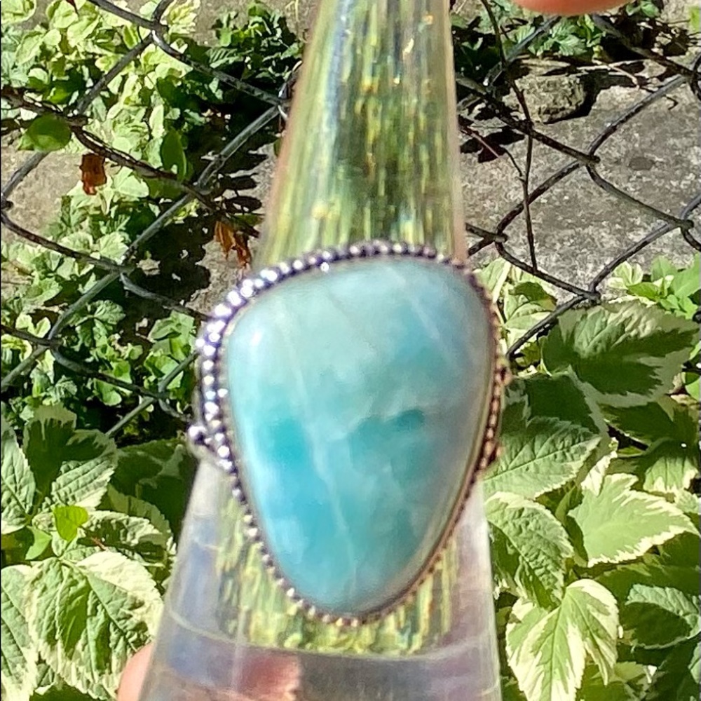 Vintage-Larimar & Sterling Silver Handcrafted Ring Size 9 - Picture 3 of 14